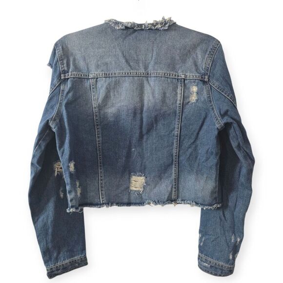 BBJ Los Angeles Size L Womens Denim Cropped Rose Gold Zipper Distressed Jacket - Picture 2 of 4